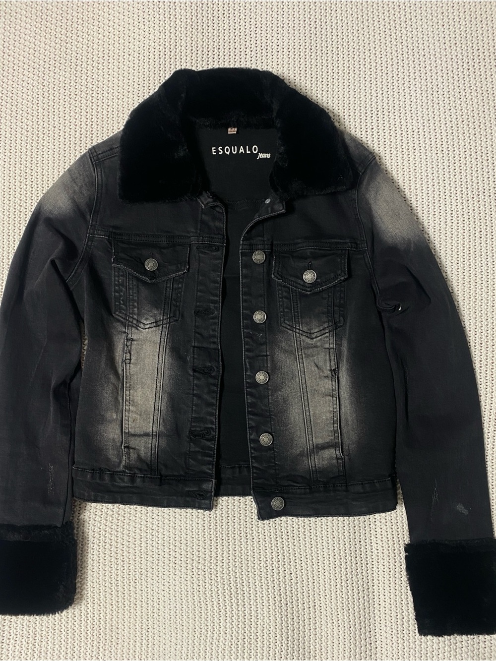 ESQUALO Black Faded Denim Jacket with Faux Fur Trim